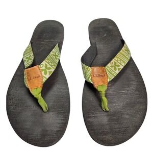 LL Bean Mens Flip Flop Sandals Green Patterned Straps Black Size 10 Medium 05488